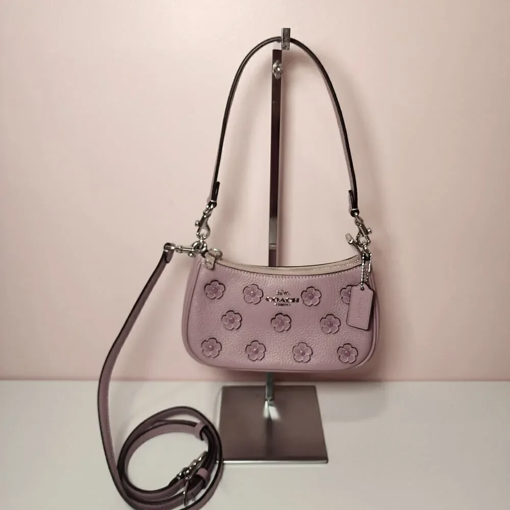 NWT Coach CAJ98 Teri Mini Crossbody Bag With Floral Applique Silver/Lilac